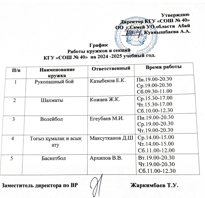График работы кружков и секций на 2024-25 уч год